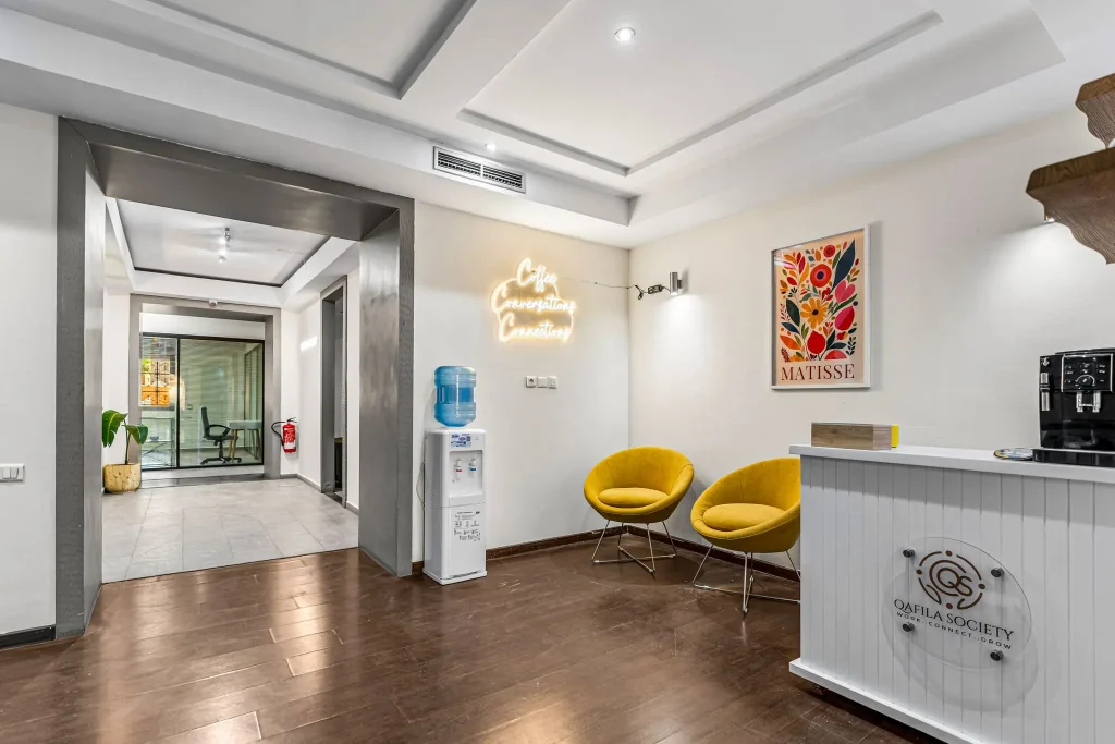 Yellow armchairs in the coworking coffee area